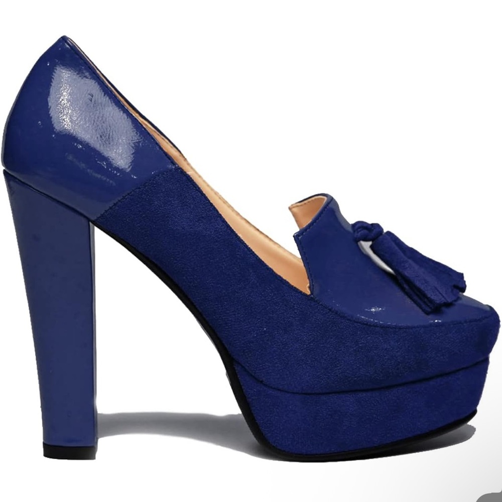 Chunky Block High Heel Fringed Pumps Round Toe Slip On Loafers Tassel Suede - Picture 4 of 5